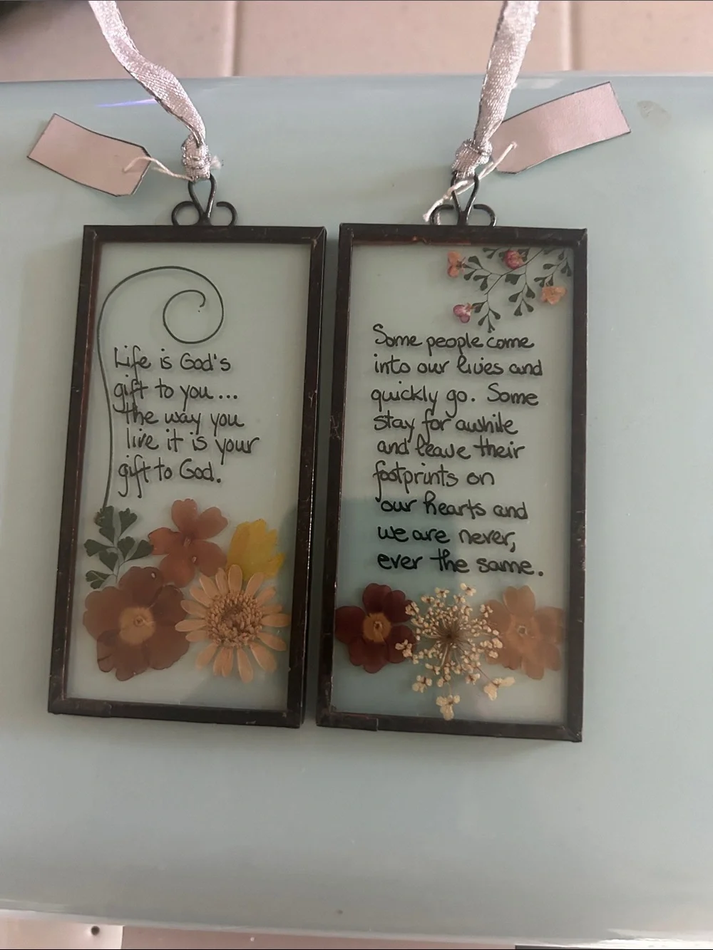 2 each Floral Sentiment Glass Panel Wall Decor - Brown and Cream
